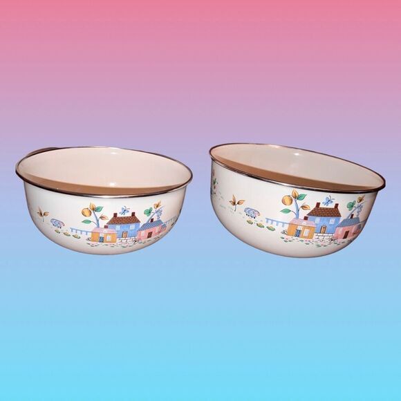 Vintage Set of 2 Metal International Heartland Enamel Nesting Bowls - Picture 1 of 8